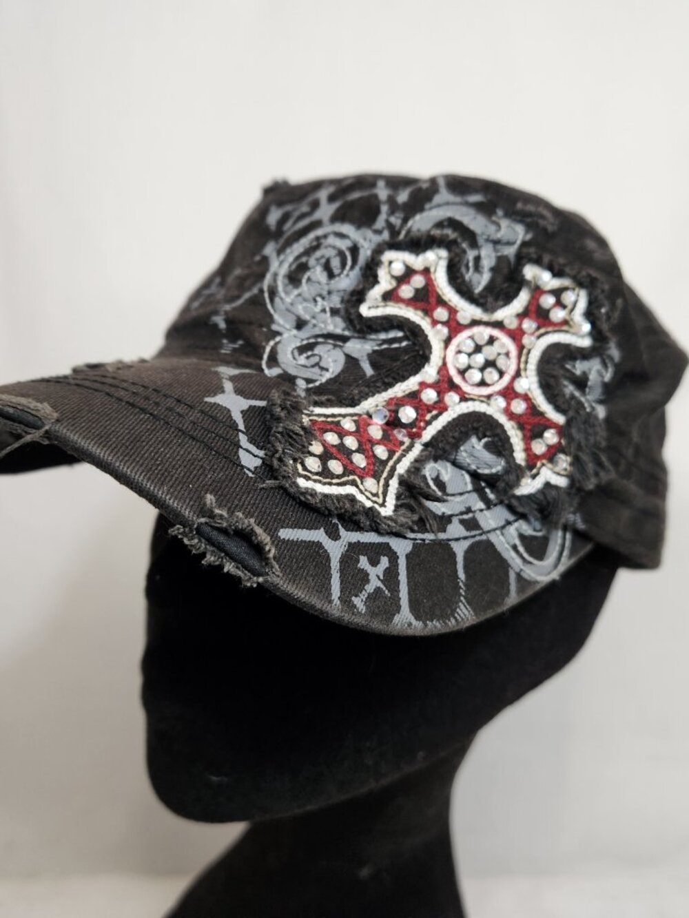 Bke Buckle Black Cross Distressed Cap Hat Adjustable Embellished